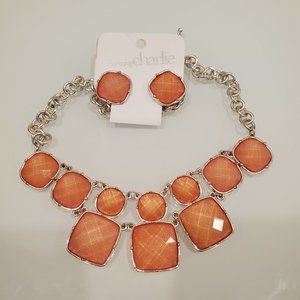 Coral and Silver Necklace and Earring Set